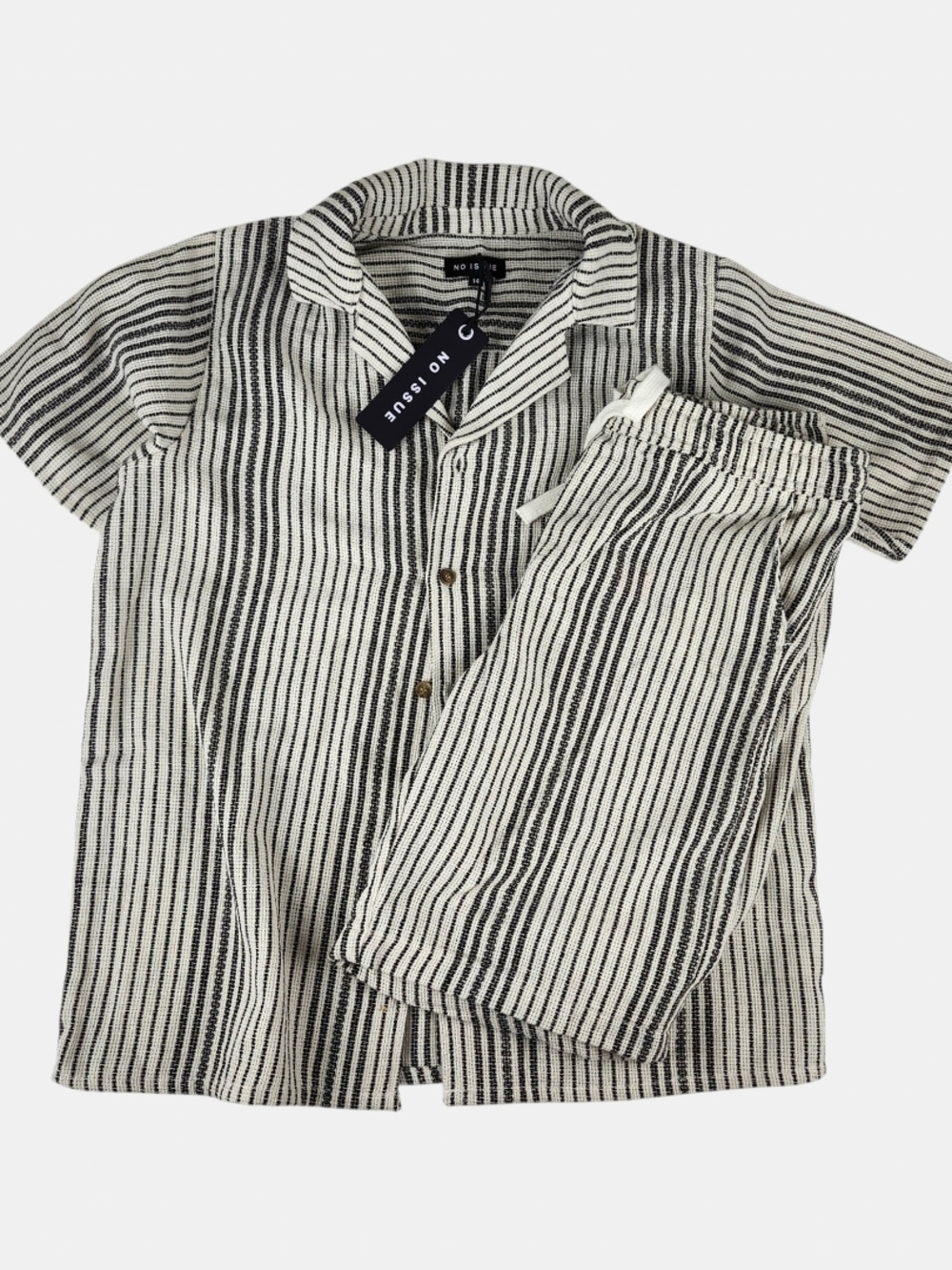 Black & White Striped Short-Sleeve Button-Down Matching Set